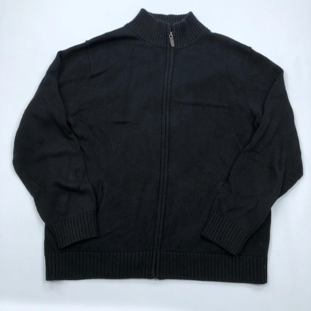 LL Bean Mens XL Full Zip Cotton Cardigan Sweater Black Mock Neck